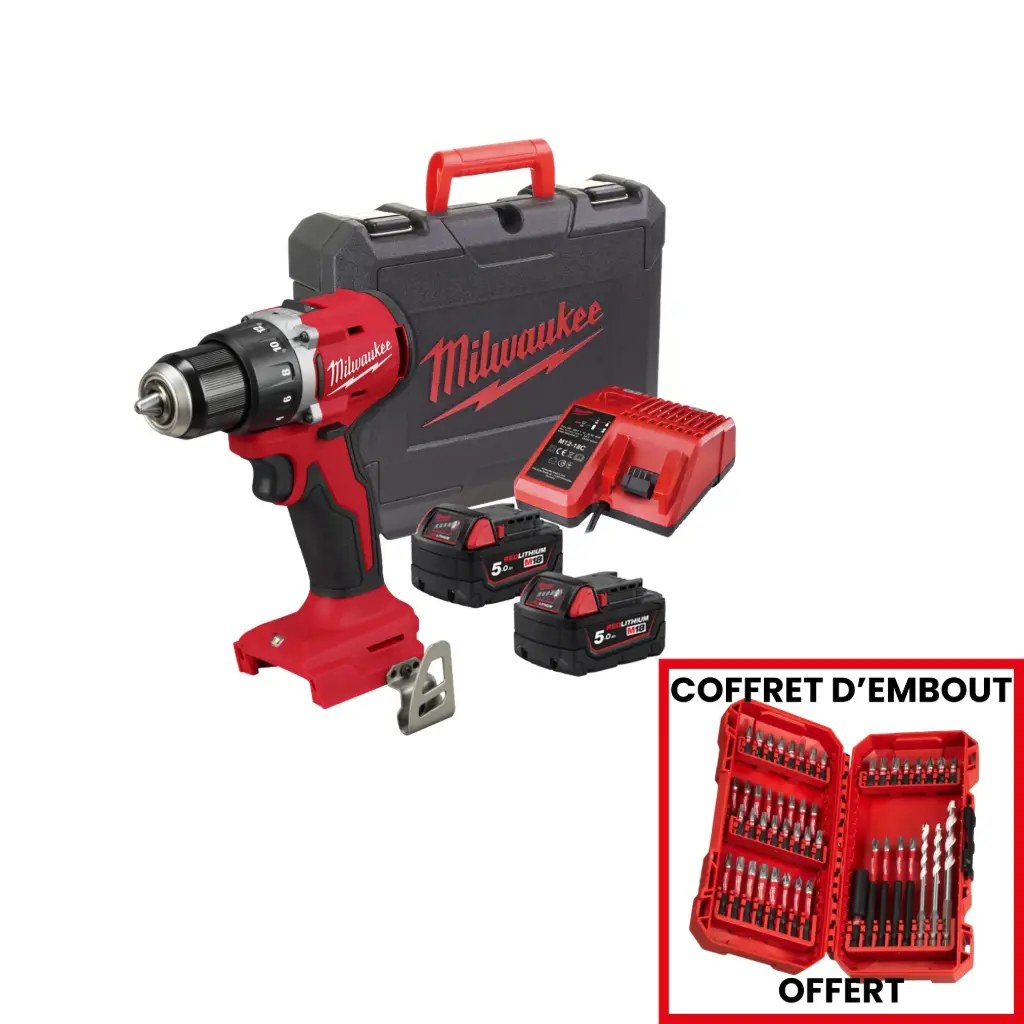 Perceuse visseuse BRUSHLESS,18V - M18 BLDDRC-502C - Avec 2 batteries 5.0 Ah + chargeur + coffret - MILWAUKEE - 4933492835 + COFFERT EMBOUT