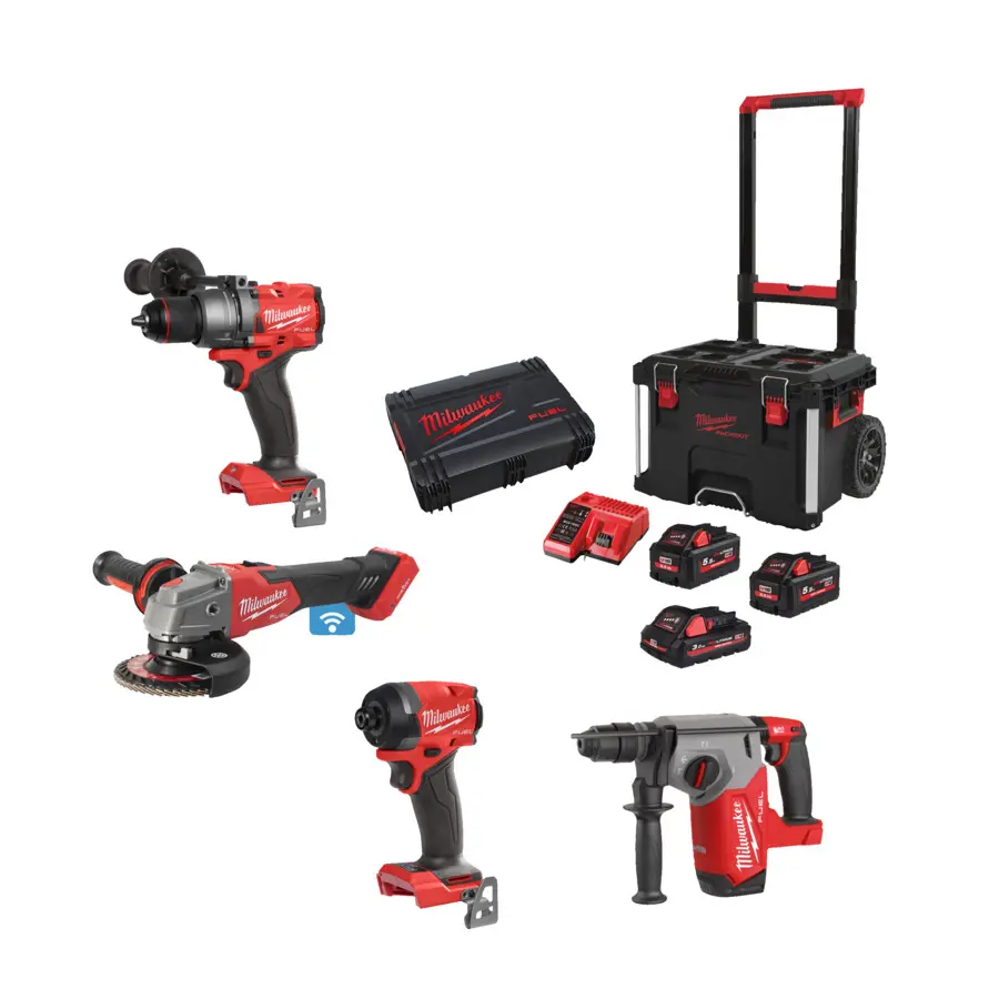 MILWAUKEE M18 FPP4AE-533P- Pack 4 produits 18V FUEL composé de : M18 FID3 + M18 FPD3 + M18 FSAG125XB + M18 FHX + 2 batt. M18 HB5.5 + 1 batt. M18 HB3 + M12-18FC + Packout trolley