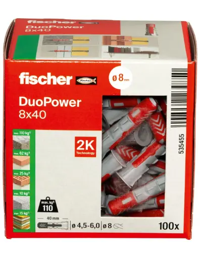 [535455 555008 570410] Cheville bi-matière DuoPower 8 x 40 sans vis, boîte de 100 chevilles - FISCHER - 535455