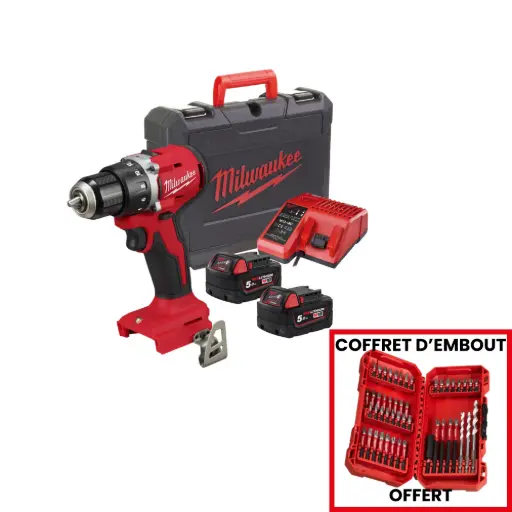 [4933492835+Coffret] Perceuse visseuse BRUSHLESS,18V - M18 BLDDRC-502C - Avec 2 batteries 5.0 Ah + chargeur + coffret - MILWAUKEE - 4933492835 + COFFERT EMBOUT