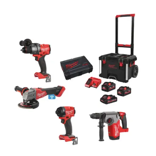 [4933493334] MILWAUKEE M18 FPP4AE-533P- Pack 4 produits 18V FUEL composé de : M18 FID3 + M18 FPD3 + M18 FSAG125XB + M18 FHX + 2 batt. M18 HB5.5 + 1 batt. M18 HB3 + M12-18FC + Packout trolley